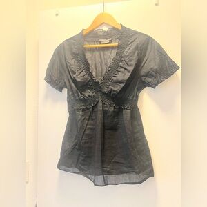 BCBGMaxAzria 100% Cotton Black Deep V Neck Empire Blouse